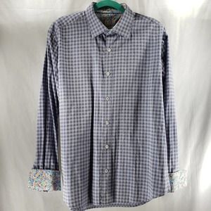 Bugatchi Uomo Size Large Blue Gingham Print Shaped Fit Cotton Button Up Shirt